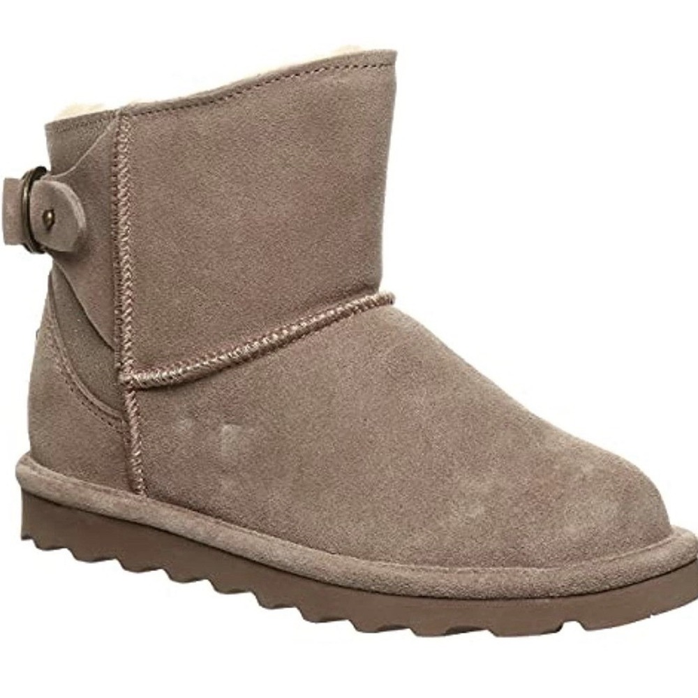 Bearpaw Betty Ankle Suede Boots Taupe Caviar Sheepskin Insole Womens 9 Flaw New‎